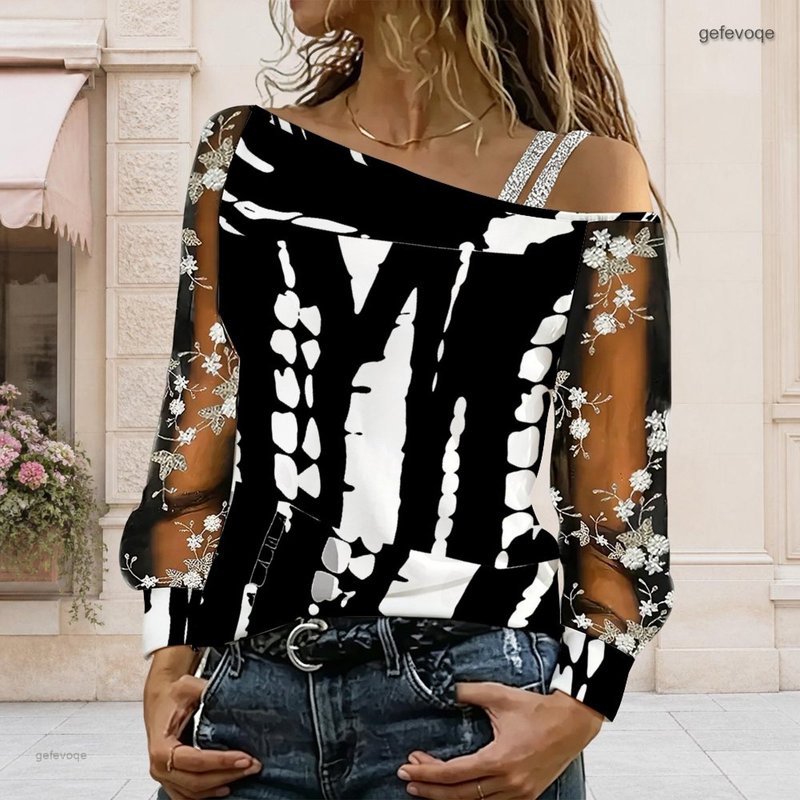 Blouse Off Shoulder - Damska bluzka z odkrytymi ramionami, asymetryczny