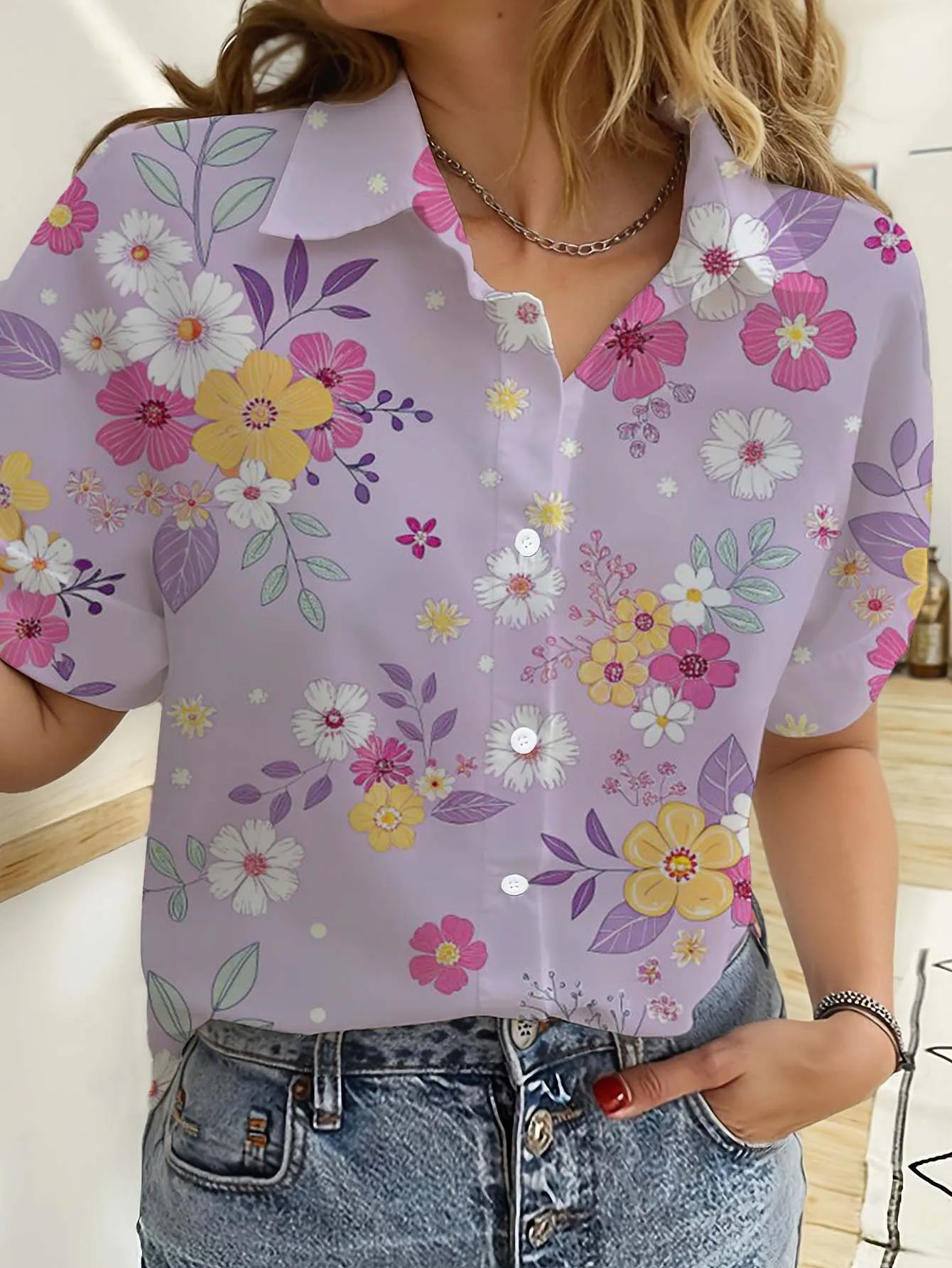 Romper Floral Print - Hawajskie koszule damskie z krótkim rękawem,