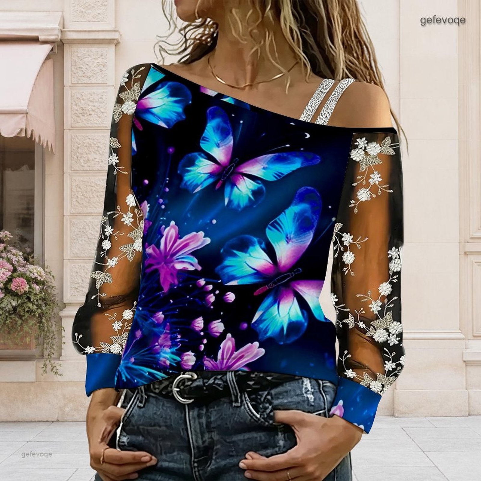 Blouse Off Shoulder - Damska bluzka z odkrytymi ramionami, asymetryczny